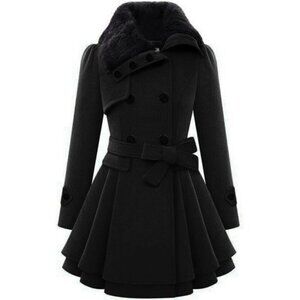 Women's Black Zeagoo Winter Trench Coat Faux Fur Lapel Double Breasted Design